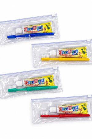 Kit Higiene Bucal Infantil com necessaire cristal, escova e creme dental FreeDent Kids em 4 cores